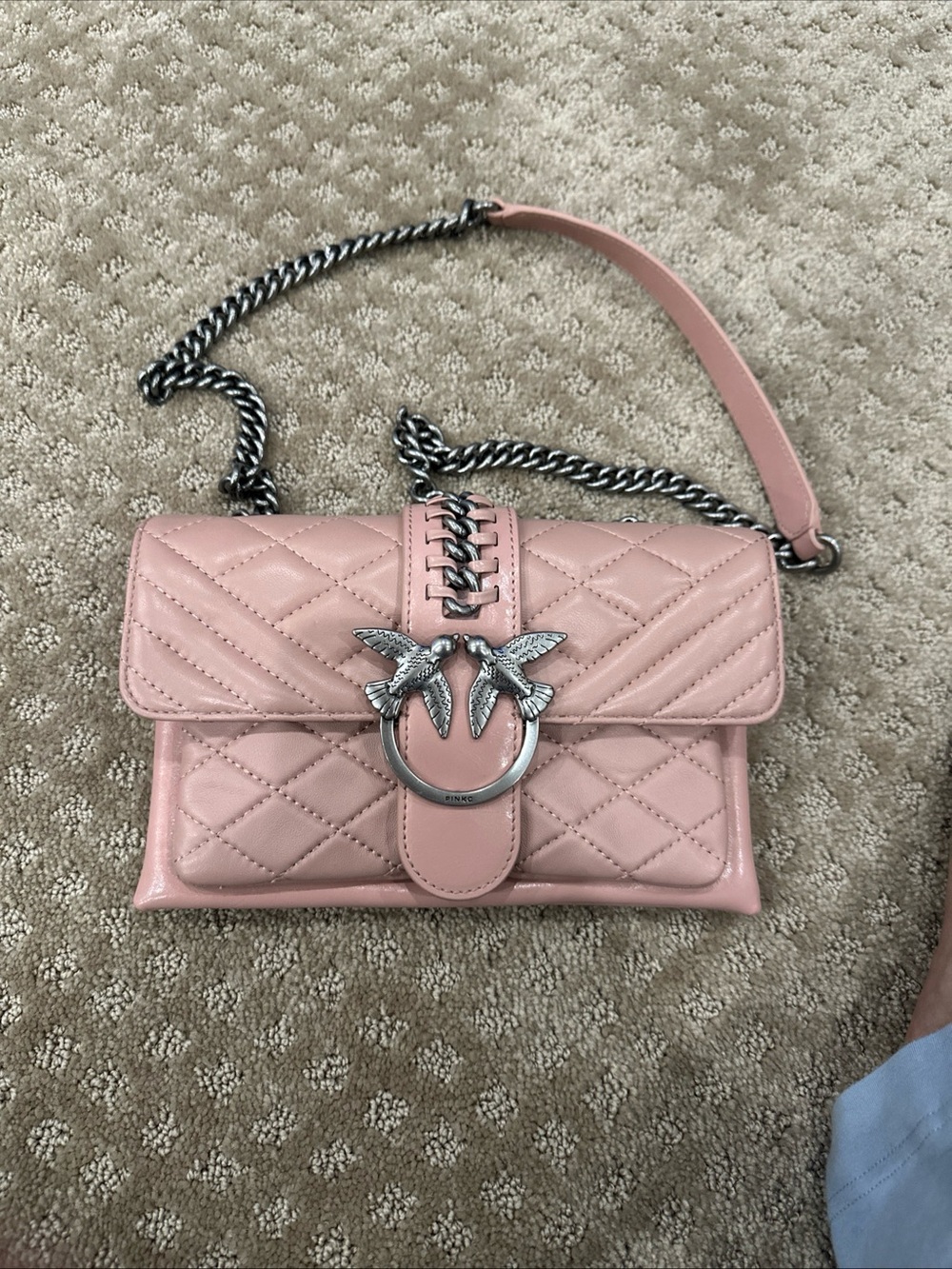 Pinko Blush Quilted Leather Crossbody with Silver Bird Clasp